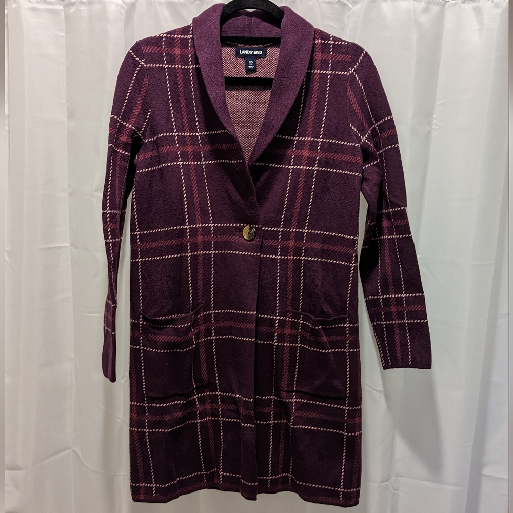 Lands End Purple Plaid Long Cardigan